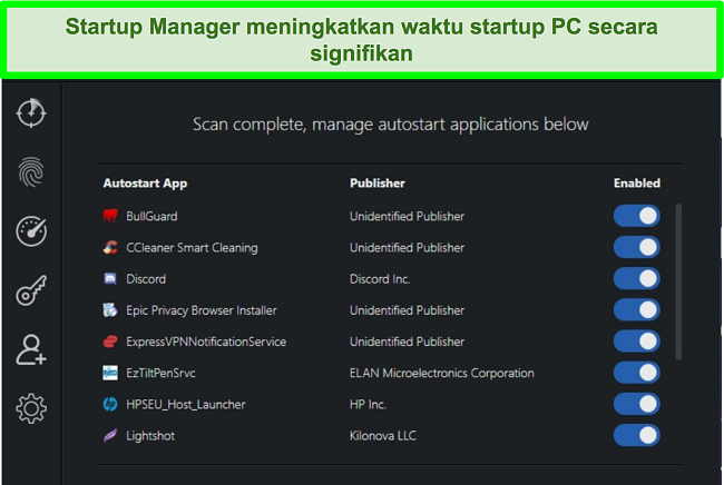 Cuplikan layar Startup Manager Scanguard dengan aplikasi autostart terdaftar.
