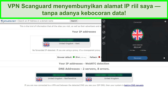 Tangkapan layar VPN Scanguard dan uji kebocoran IP yang menunjukkan tidak ada kebocoran data.