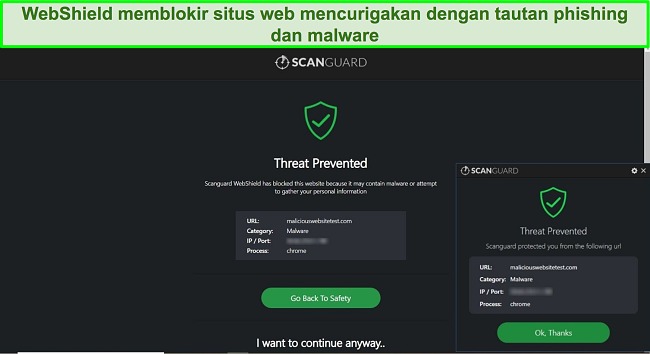 Cuplikan layar fitur WebShield Scanguard yang memblokir akses ke situs web uji malware.