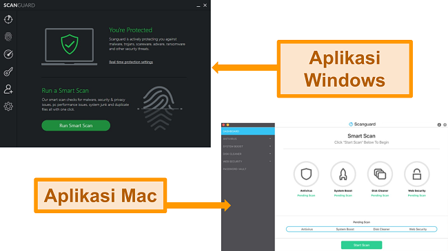 Tangkapan layar antarmuka Windows dan Mac Scanguard.