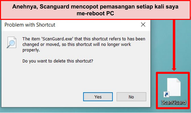 Cuplikan layar pintasan Scanguard yang rusak di PC Windows.
