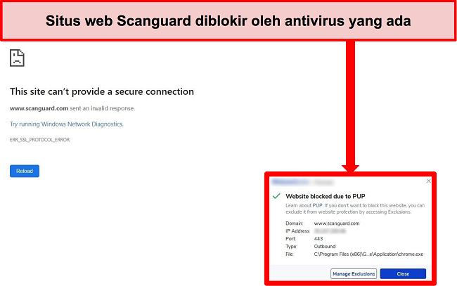 Tangkapan layar antivirus yang memblokir situs web Scanguard karena PUP.