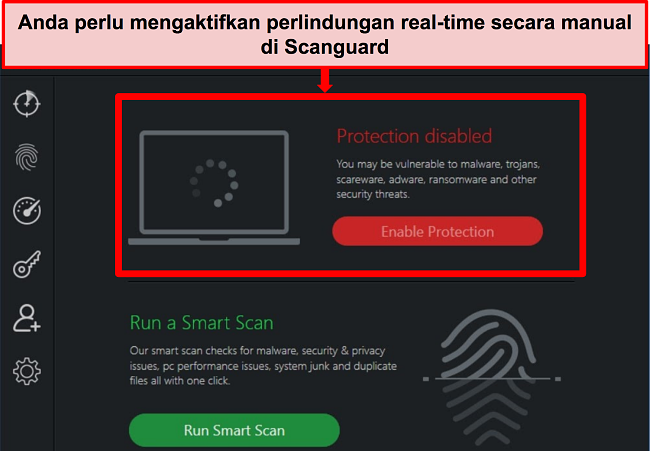Tangkapan layar aplikasi antivirus Scanguard dengan perlindungan waktu nyata dinonaktifkan.