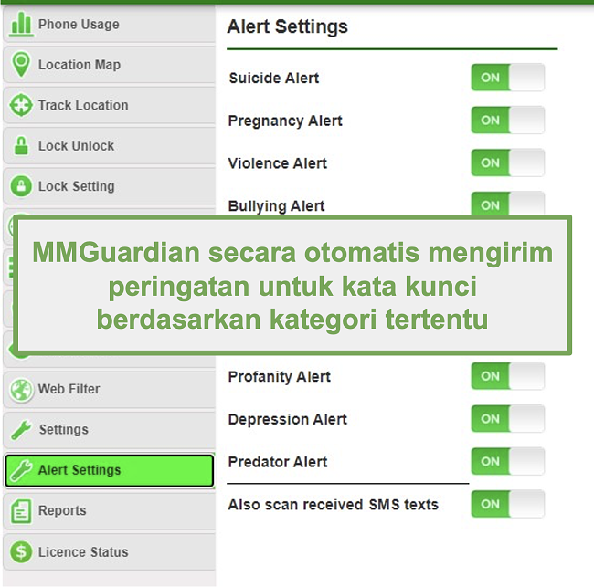Tangkapan layar MMGuardian secara otomatis mengirimkan peringatan untuk kata kunci berbasis kategori