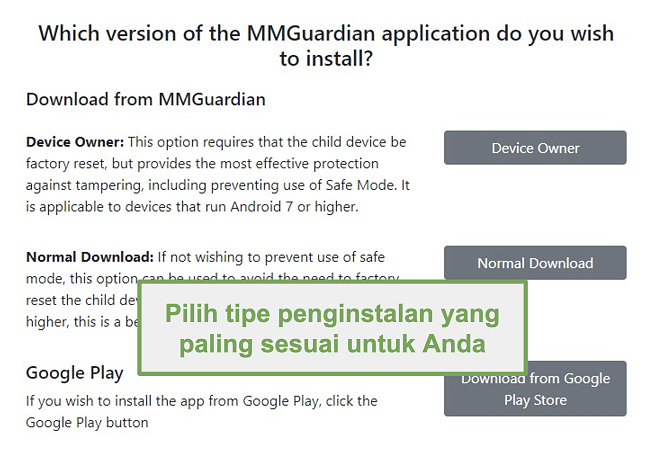 Tangkapan layar pemilihan jenis instalasi