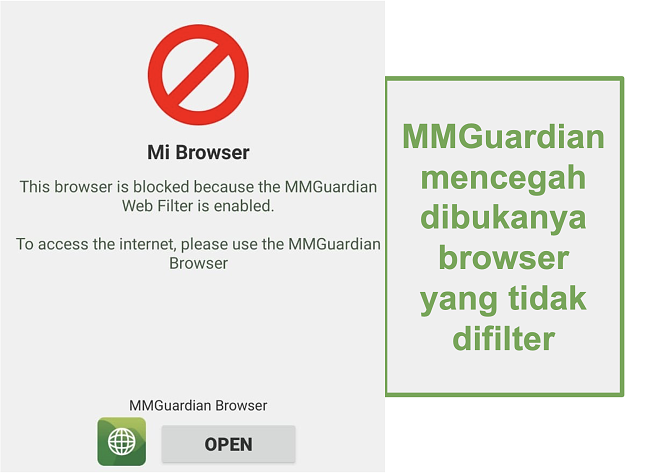 Tangkapan layar MMGuardian yang mencegah pembukaan browser yang tidak difilter