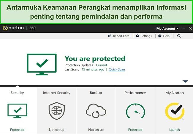 Cuplikan layar dasbor Keamanan Perangkat Norton untuk Windows.