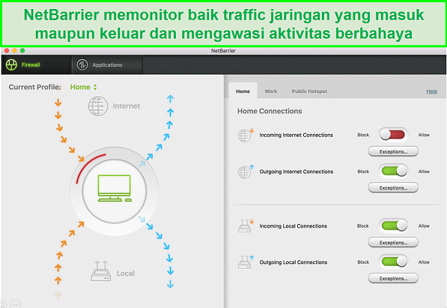 Tangkapan layar antarmuka pengguna Intego NetBarrier yang melindungi lalu lintas jaringan masuk dan keluar