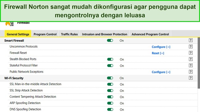 Cuplikan layar pengaturan Firewall Norton menunjukkan kemampuan penyesuaian tingkat tinggi.
