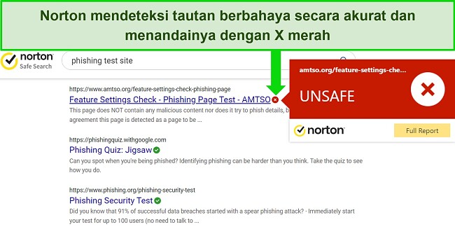 Cuplikan layar ekstensi browser Pencarian Aman Norton secara akurat mendeteksi URL yang aman dan tidak aman