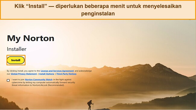 Cuplikan layar dari layar penginstalan Norton, menyorot tombol instal.
