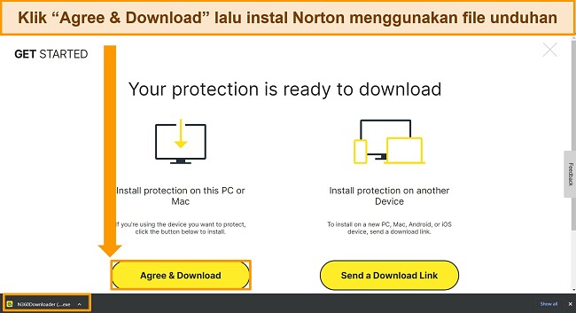 Cuplikan layar halaman web Agree & Download Norton, menyorot file instalasi.