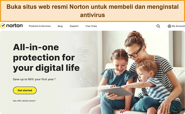 Cuplikan layar beranda situs web resmi Norton.