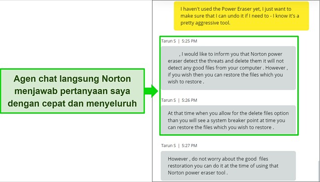 Tangkapan layar agen obrolan langsung Norton menjawab pertanyaan tentang alat Power Eraser.