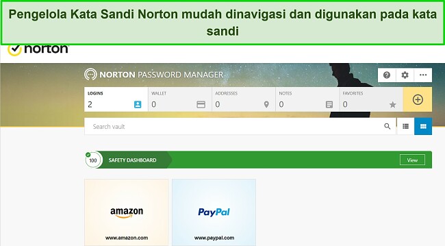 Tangkapan layar fitur pengelola kata sandi Norton.