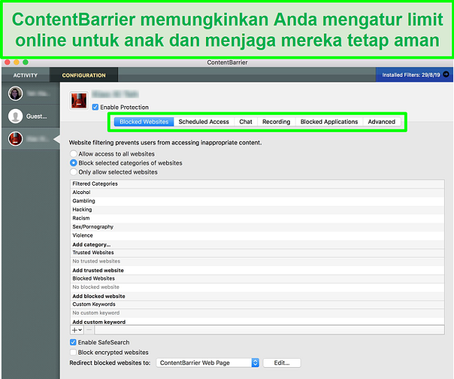 tangkapan layar antarmuka ContentBarrier yang menunjukkan setelan kontrol orang tua yang berbeda