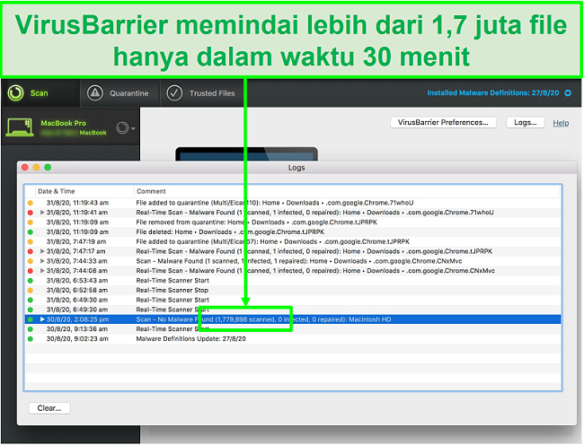 Tangkapan layar dari log pemindaian virus Intego menunjukkannya memindai 1,7 juta file dalam 30 menit