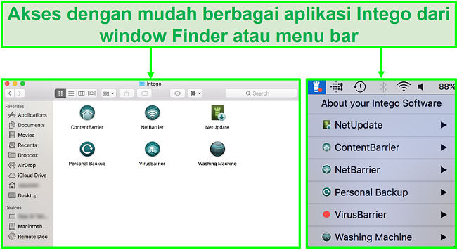 Tangkapan layar tentang cara mengakses berbagai aplikasi Intego dari jendela Finder atau bilah menu