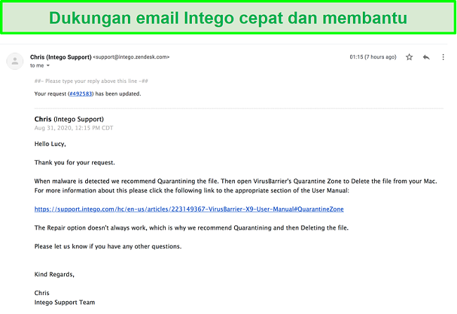 Tangkapan layar percakapan email yang cepat dan bermanfaat dengan staf dukungan Intego.