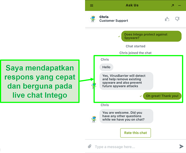 Tangkapan layar obrolan langsung Intego yang memberikan dukungan cepat dan bermanfaat