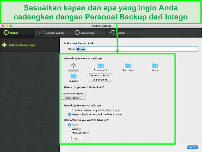 Tangkapan layar dari antarmuka pencadangan pribadi Intego dengan opsi pencadangan data yang dapat disesuaikan