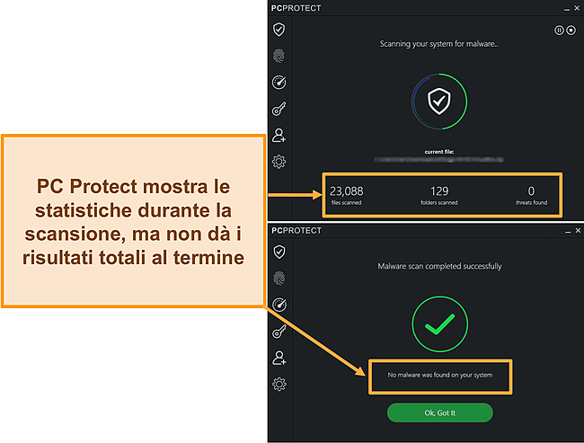 Screenshot dell'esecuzione di una scansione malware da parte di PC Protect che visualizza le statistiche solo durante la scansione. Una volta completato, i risultati scompaiono.