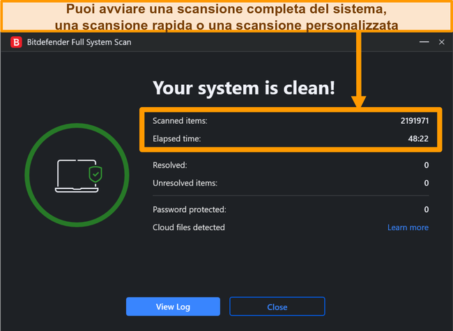 Screenshot di una scansione del sistema Bitdefender completata.