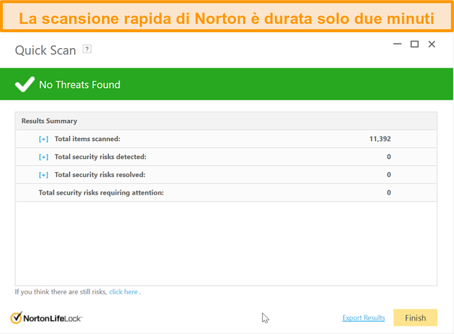 Screenshot del risultato della scansione rapida di Norton 360