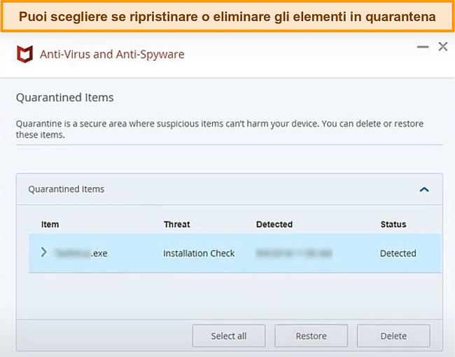 Screenshot della funzione McAfee Quarantine