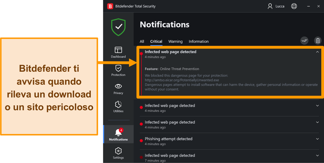 Notifiche di minacce desktop di Bitdefender.