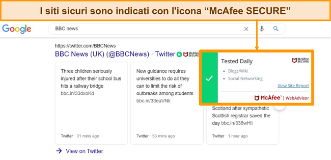 Screenshot della ricerca web di Google con McAfee WebAdvisor che mostra che un sito è autentico e sicuro