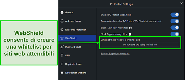 Screenshot delle impostazioni WebShield di PC Protect per aiutarti a proteggerti online.