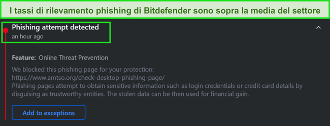 Avviso di phishing sul desktop di Bitdefender.