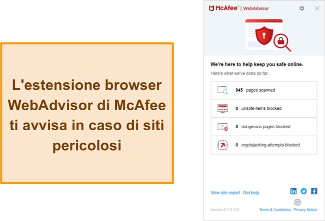 Screenshot della funzione WebAdvisor sul sito Web di McAfee