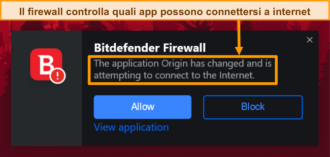 Screenshot di una notifica del firewall di Bitdefender.