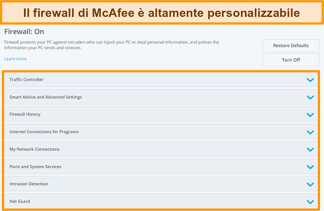 Screenshot delle funzionalità di McAfee Firewall