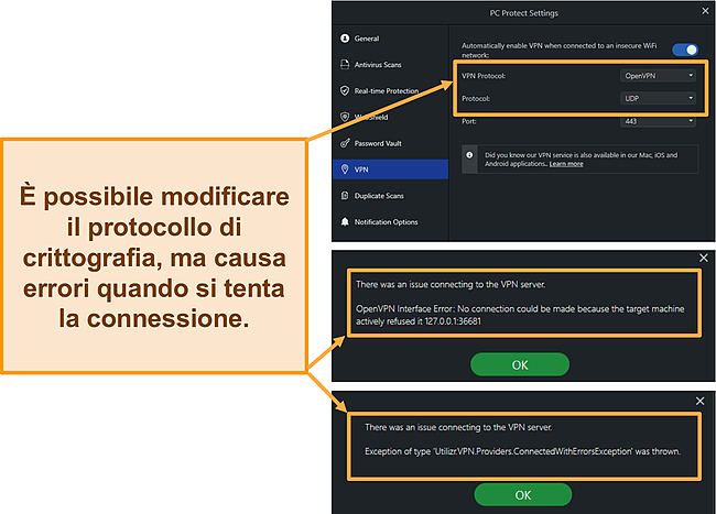 Screenshot degli errori di Navigazione sicura VPN e dei protocolli di crittografia di PC Protect.