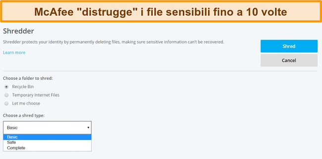 Screenshot della funzione McAfee Shredder