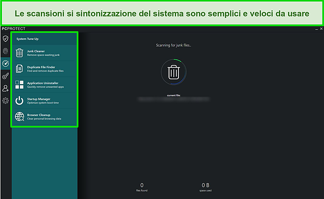 Screenshot dell'elenco di ottimizzazione del sistema di PC Protect che aiuta a liberare spazio sul disco rigido e mantiene il dispositivo senza intoppi.