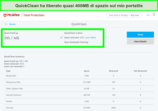 Screenshot della funzione McAfee QuickClean su Windows