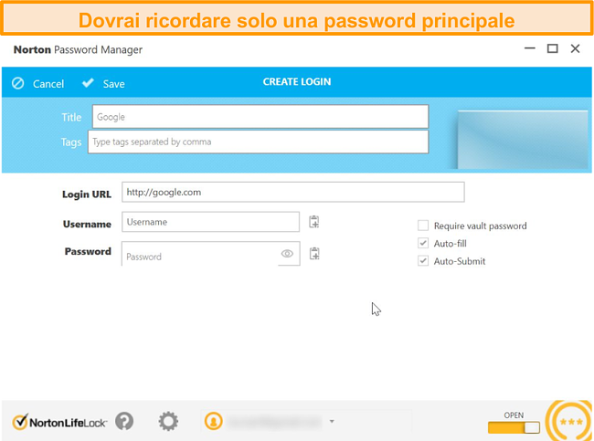 Screenshot del vault del gestore delle password di Norton 360