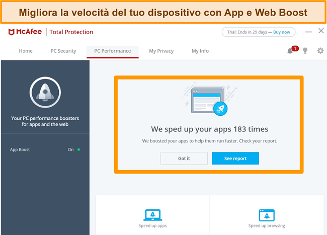 Screenshot della schermata McAfee PC Performance