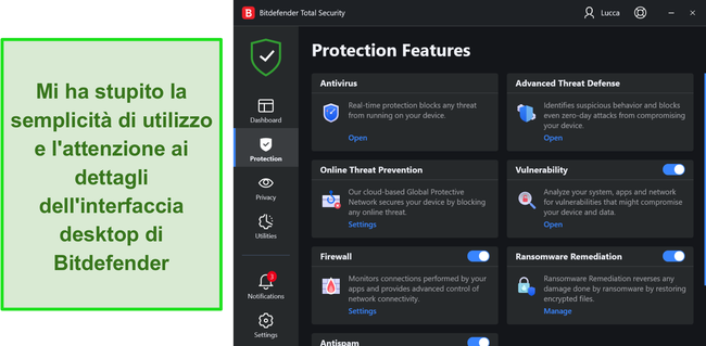 Screenshot dell'interfaccia dell'app Windows di Bitdefender