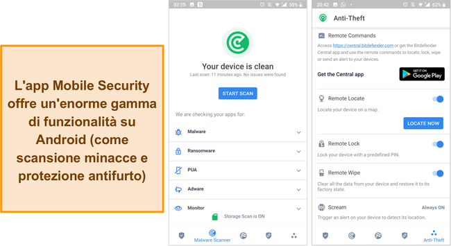 Screenshot dell'app Mobile Security di Bitdefender.