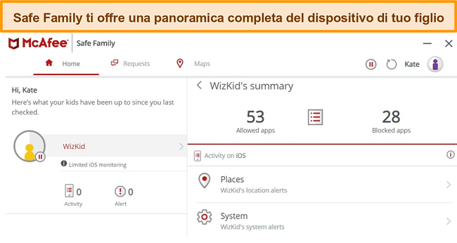 Screenshot della funzione di controllo genitori di McAfee Safe Family collegata a un iPhone