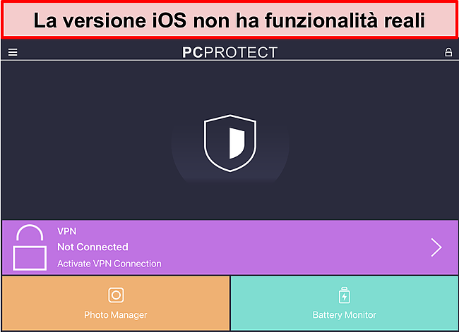 Screenshot dell'applicazione iOS di PC Protect priva di funzionalità reali.