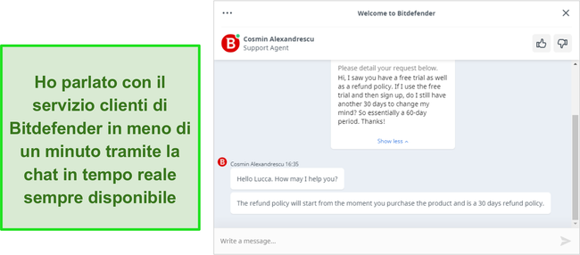 Screenshot di una conversazione in chat dal vivo con un agente dell'assistenza di Bitdefender.