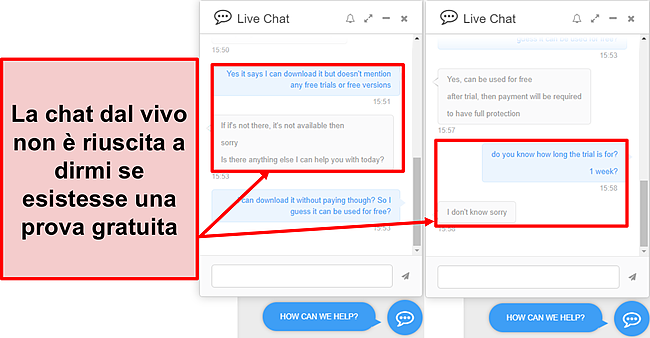 Schermata del team di supporto di PC Protect che non mi dice se è stata offerta una prova gratuita e, in caso affermativo, per quanto tempo è durata.