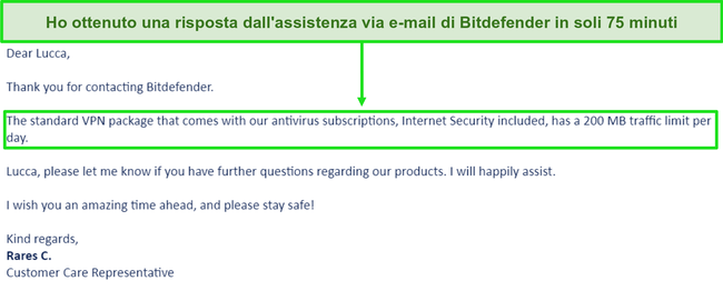 Screenshot di un'e-mail di supporto da Bitdefender.