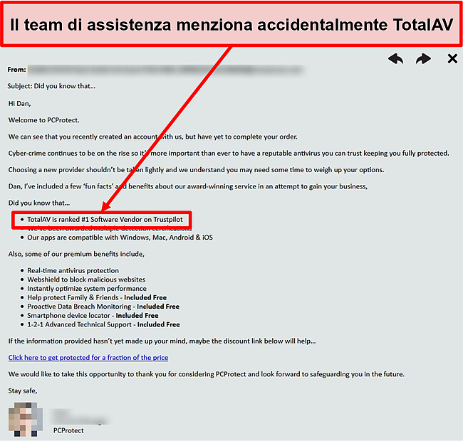 Schermata del team di supporto di PC Protect che consiglia accidentalmente Total AV come scelta numero 1.